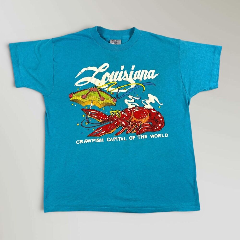 Vintage 80's Louisiana Crawfish T-Shirt Delta Single Stitch Turquoise Size Small